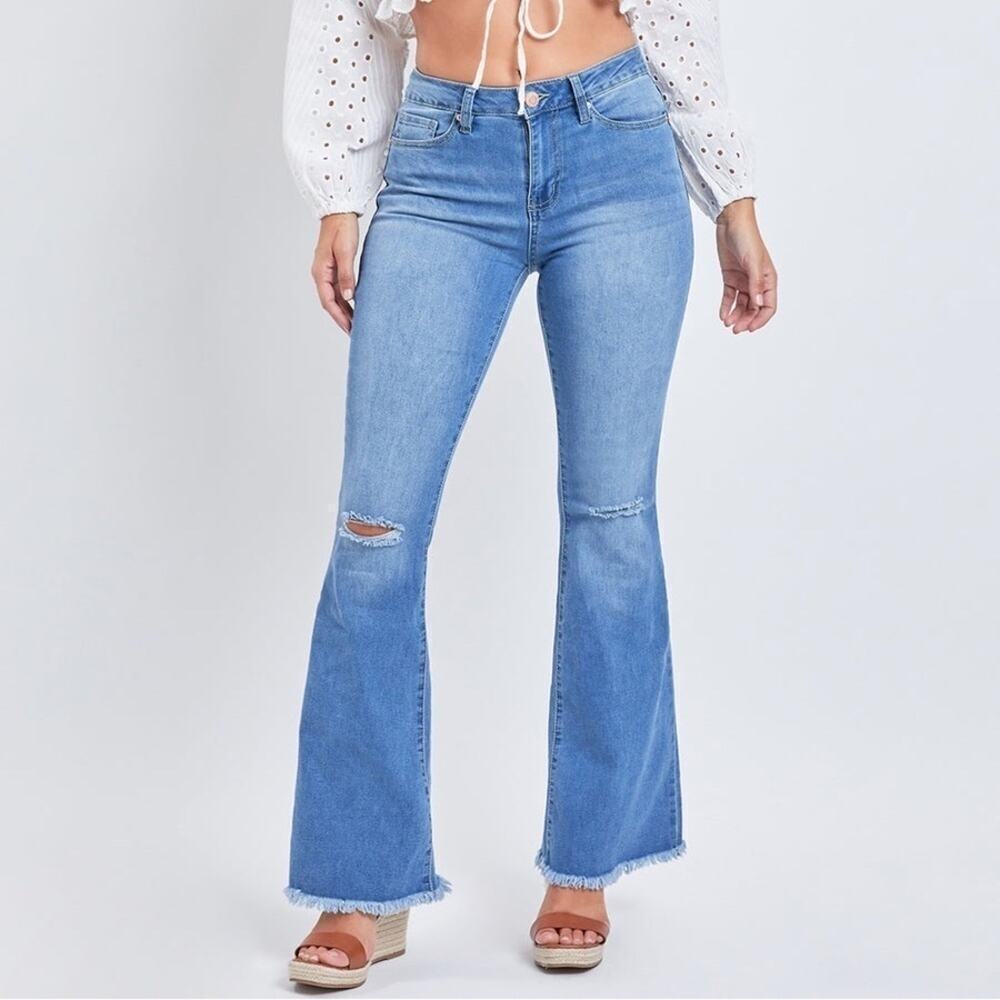 YMI Women’s Essential High Rise Flare Distressed Fray Hem Denim Jeans Regular